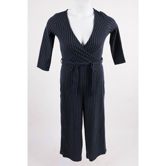 Bershka Women's Jumpsuit Small Navy Blue Striped Belted Wide Leg  NWT 8746/326 - Picture 2 of 7